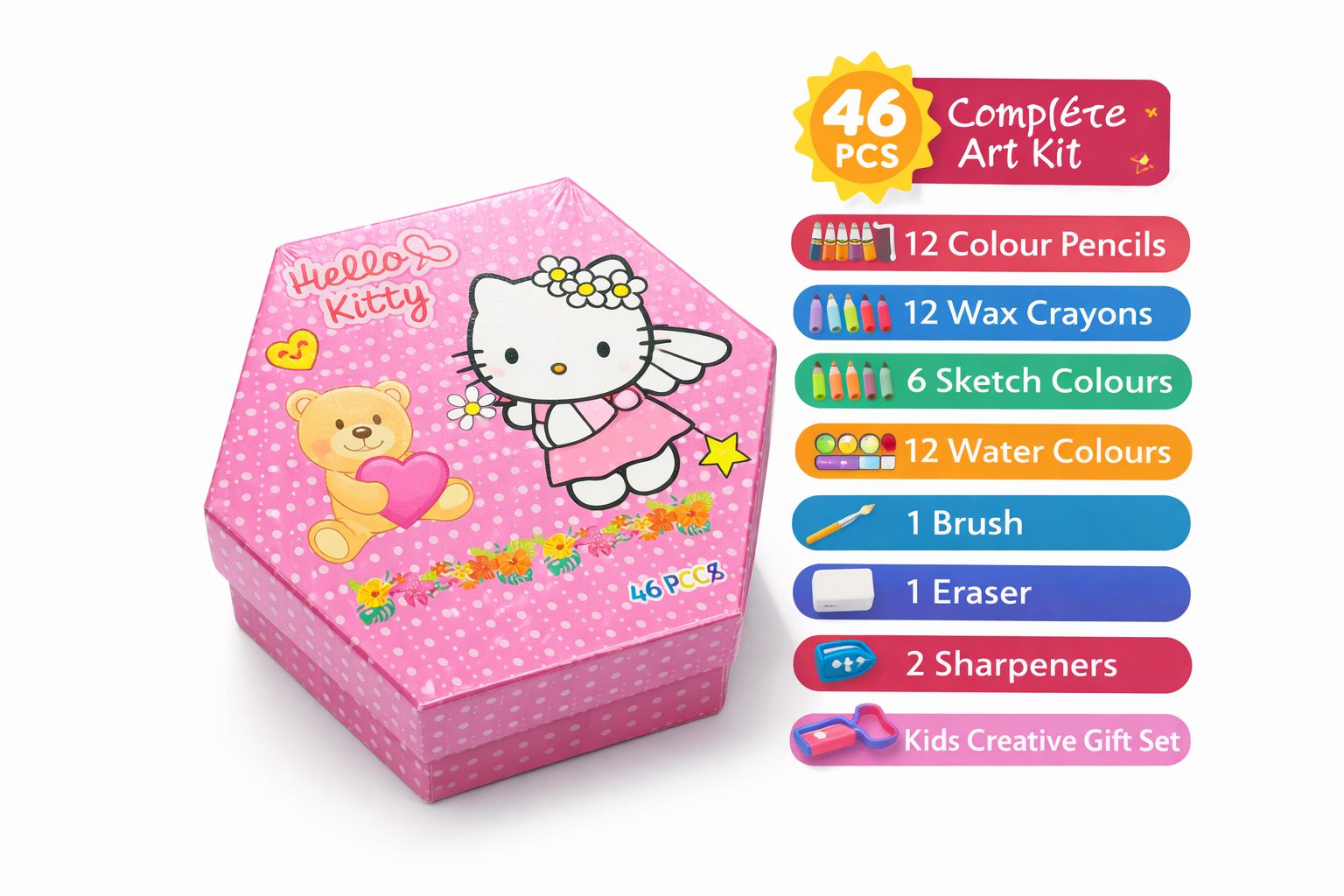 Hello Kitty 46-Piece Kids Art & Craft Creative Drawing Kit (Hexagon Storage Box) - Image 2