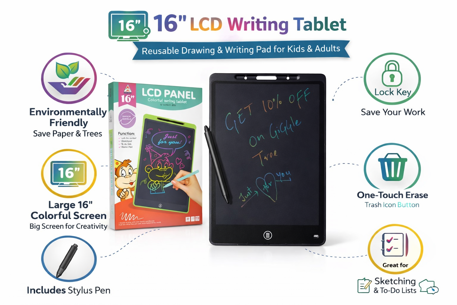 Kids LCD Writing Tablet 16 Inch | Reusable Drawing & Writing Board | Digital Writing Pad for Kids - Image 3